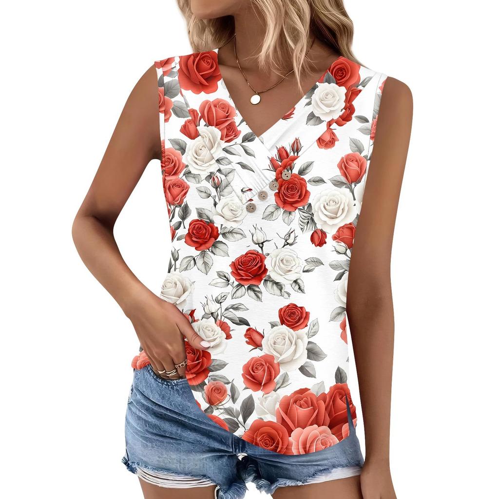 Women's Print Tank Top Button-down V-neck T-shirt Sleeveless Loose Fashion Top