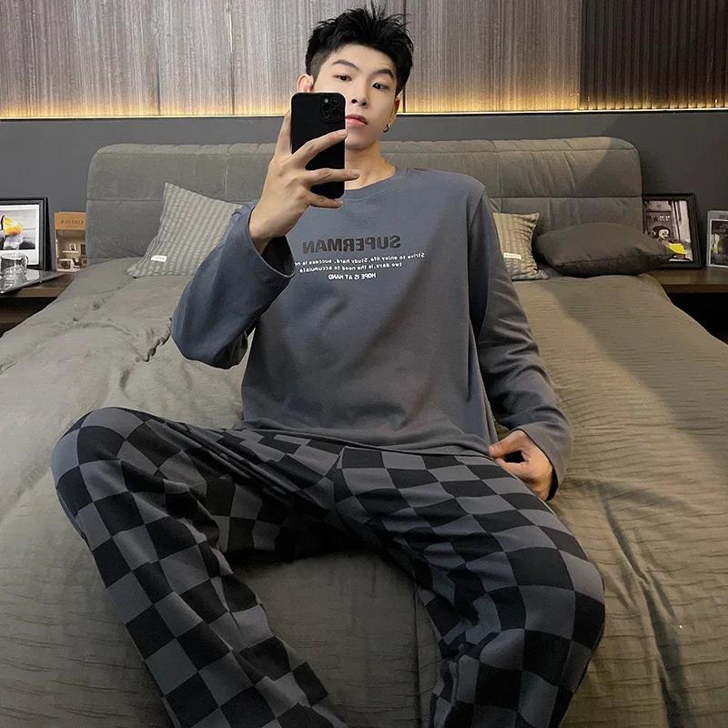 Baumwolle Herren Pullover Nachtwäsche Herbst Frühling Langarm Nachtwäsche 2 Stück Pyjamas Set Männlich