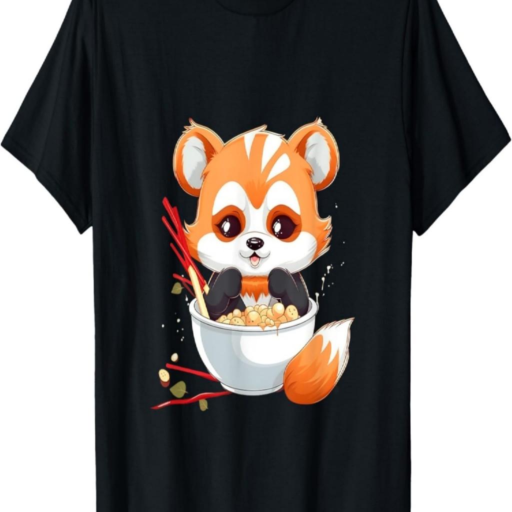 Otaku Anime Red Panda Eat Ramen Noodles Cherry Blossom T-Shirt(8)