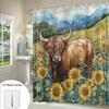 1pc Highland Cow Shower Curtain - Watercolor Pastoral Scene with Shaggy Brown Fur, Curved Horns & Vibrant Sunflowers, Realistic