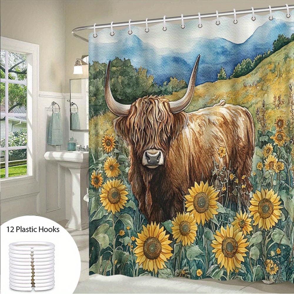 1pc Highland Cow Shower Curtain - Watercolor Pastoral Scene with Shaggy Brown Fur, Curved Horns & Vibrant Sunflowers, Realistic