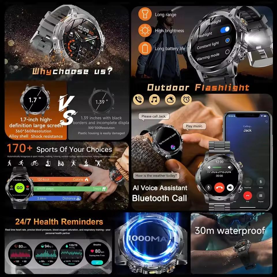New Military Sports Smart Watch 1000mAh Battery 5ATM Waterproof LED Flashlight Fitness trackr Smartwatch Men