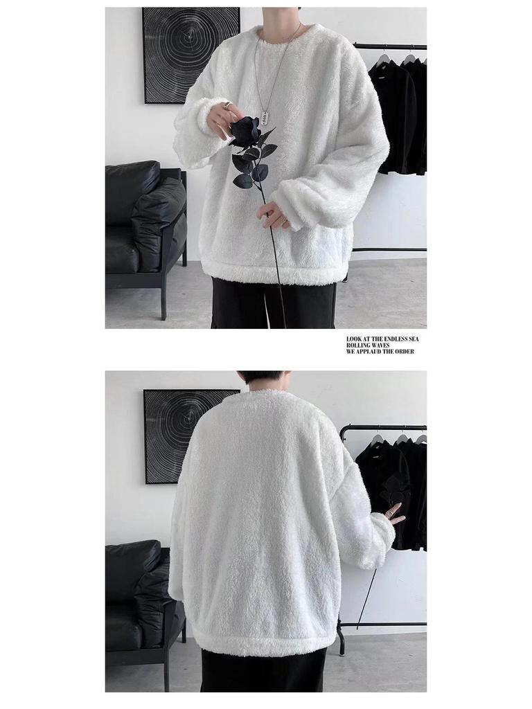 Hong Kong Style Men's Chic Lamb Wool Sweater: Trendy Loose Fit, Solid Color, Autumn/Winter, Plus Velvet Thick Jacket for Couples.