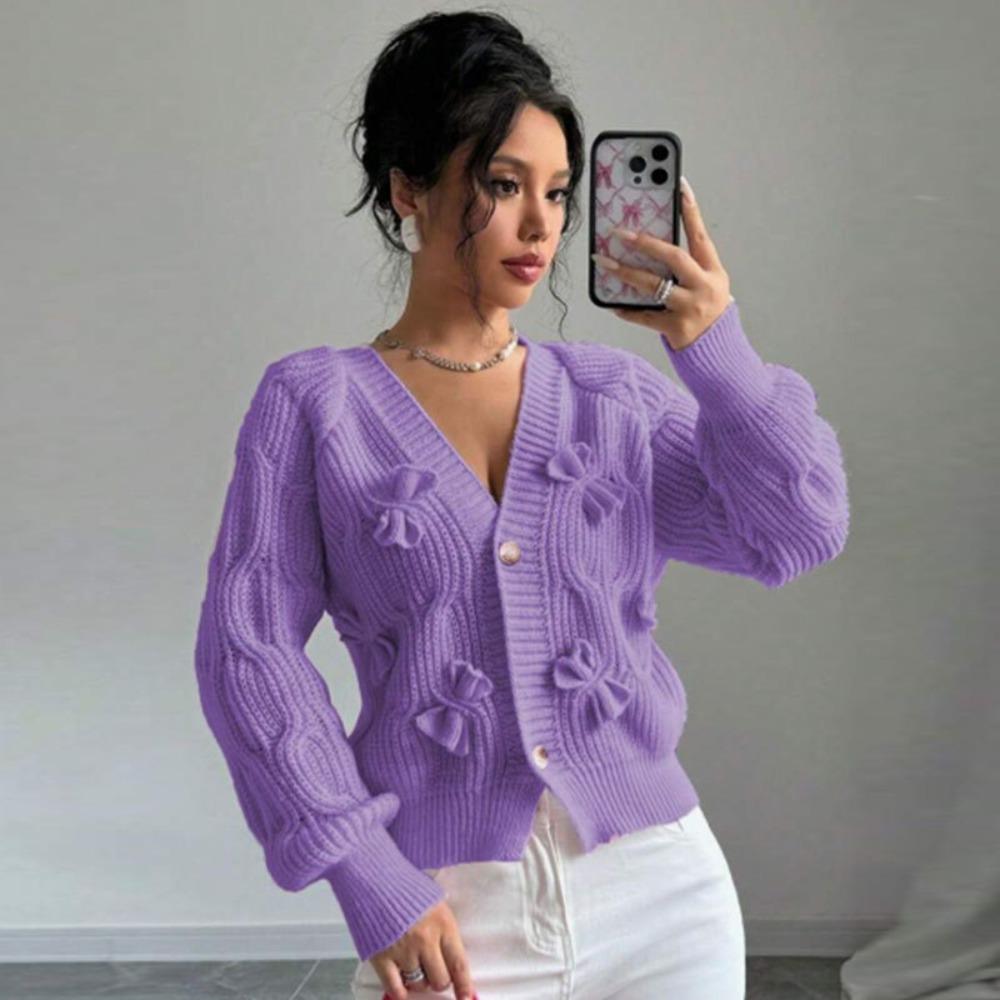 Women's V‑Neck Long Sleeve Knit Cardigan Loose Fit Commuter Style 3D Bow Decor Sweater