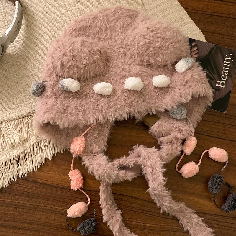 Căciulă caldă de pluș cu urechi de ursuleț și pisică, cu fundă, pentru femei – Protecție pentru urechi de toamnă/iarnă cu design cu față deschisă