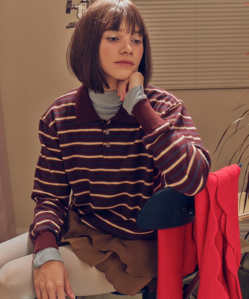 MELLY&ROSE Soft Stripe Polo Knit (310253)_Brown