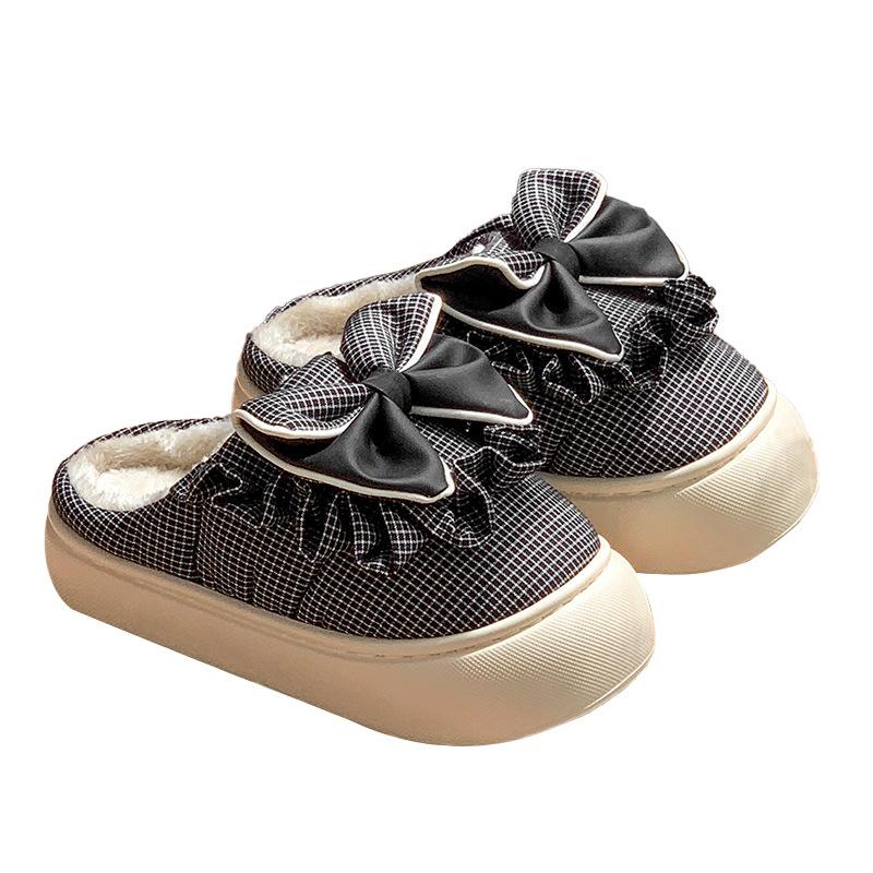

Cute bow cotton slippers autumn and winter warm outer wear versatile velvet thickened indoor home 40 /41 [Suitable for 39-40 foot wear]