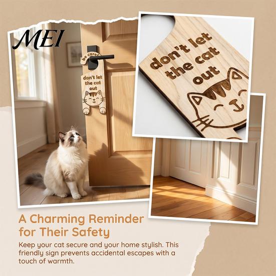 Anti Lost Pet Door Plaque Cat Warning Handle Sign, Wooden Cartoon Hanging Reminder, Safety Tag Knob Hanger, for Bedroom And Entryway Doors Decorative