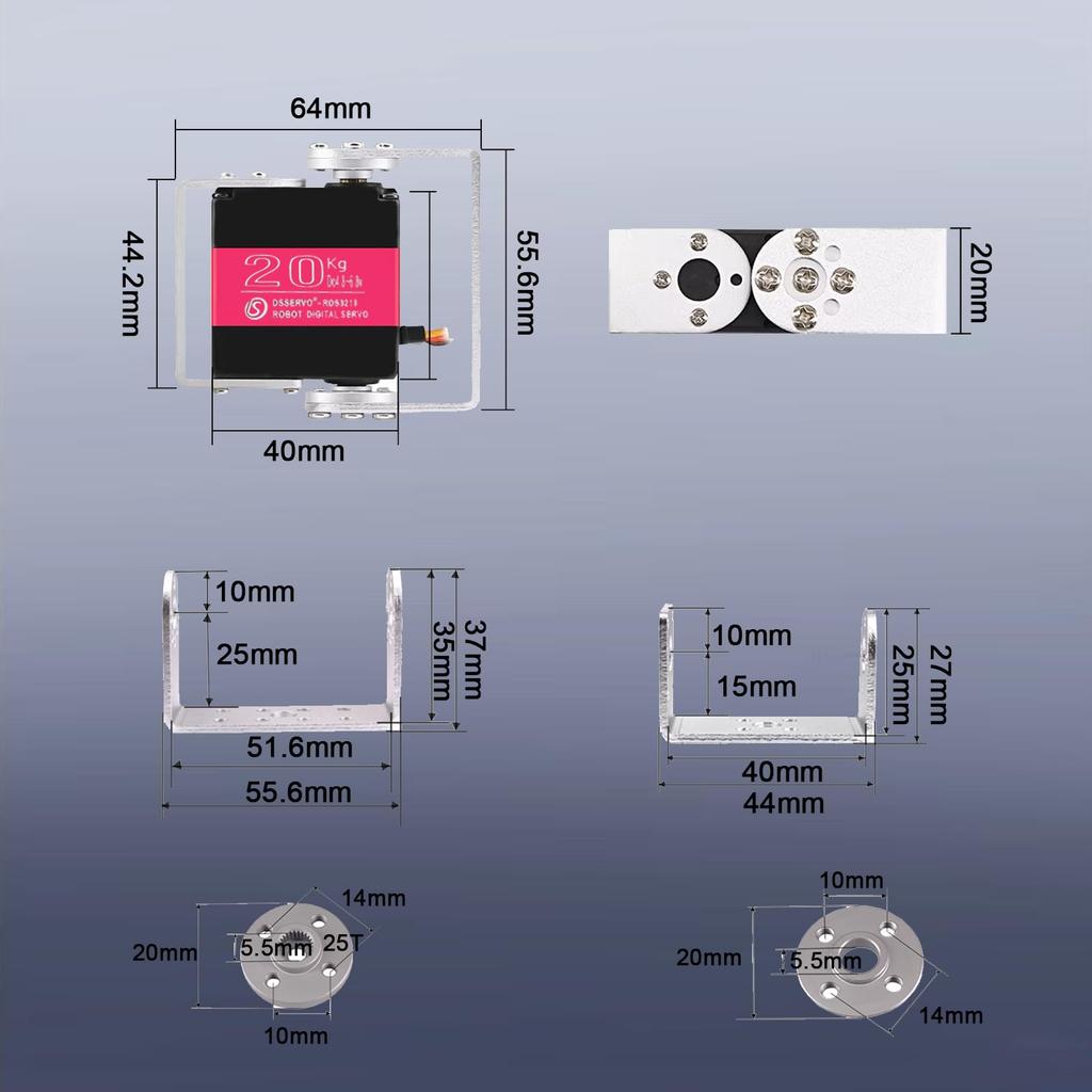 Conjunto de 2 Servos Digitais HiRCgo 20KG com Suporte U, Engrenagem Totalmente Metálica, à Prova d'Água, Alto Torque, RDS3218 para Braço Robótico, Compatível com Carros RC,