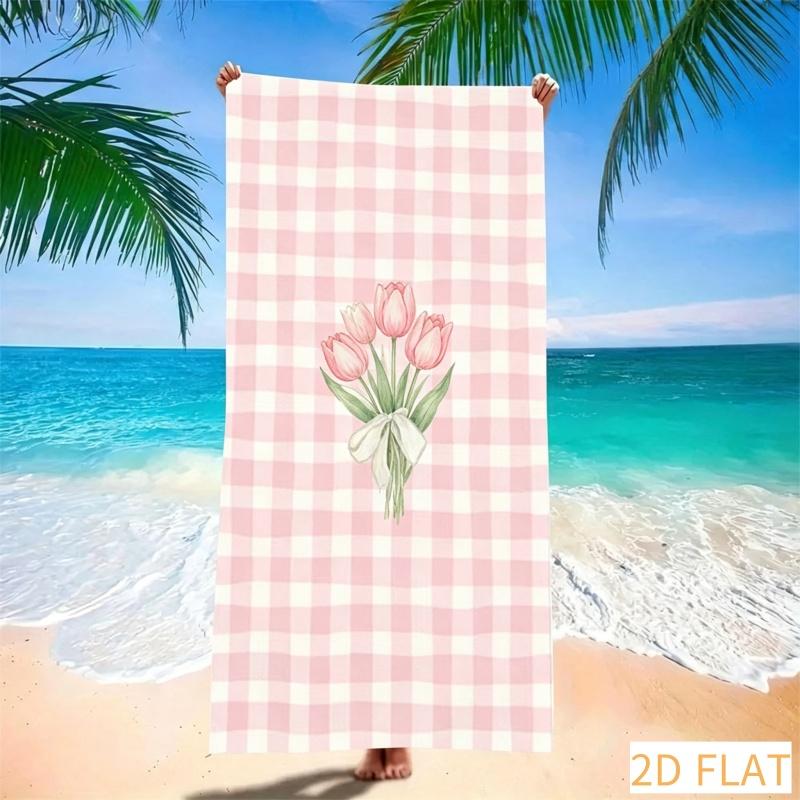 Absorbent Quick Dry Microfiber Beach Towel - Yellow Checkered With Floral Print, Lightweight Sand-Free Blanket For Picnic