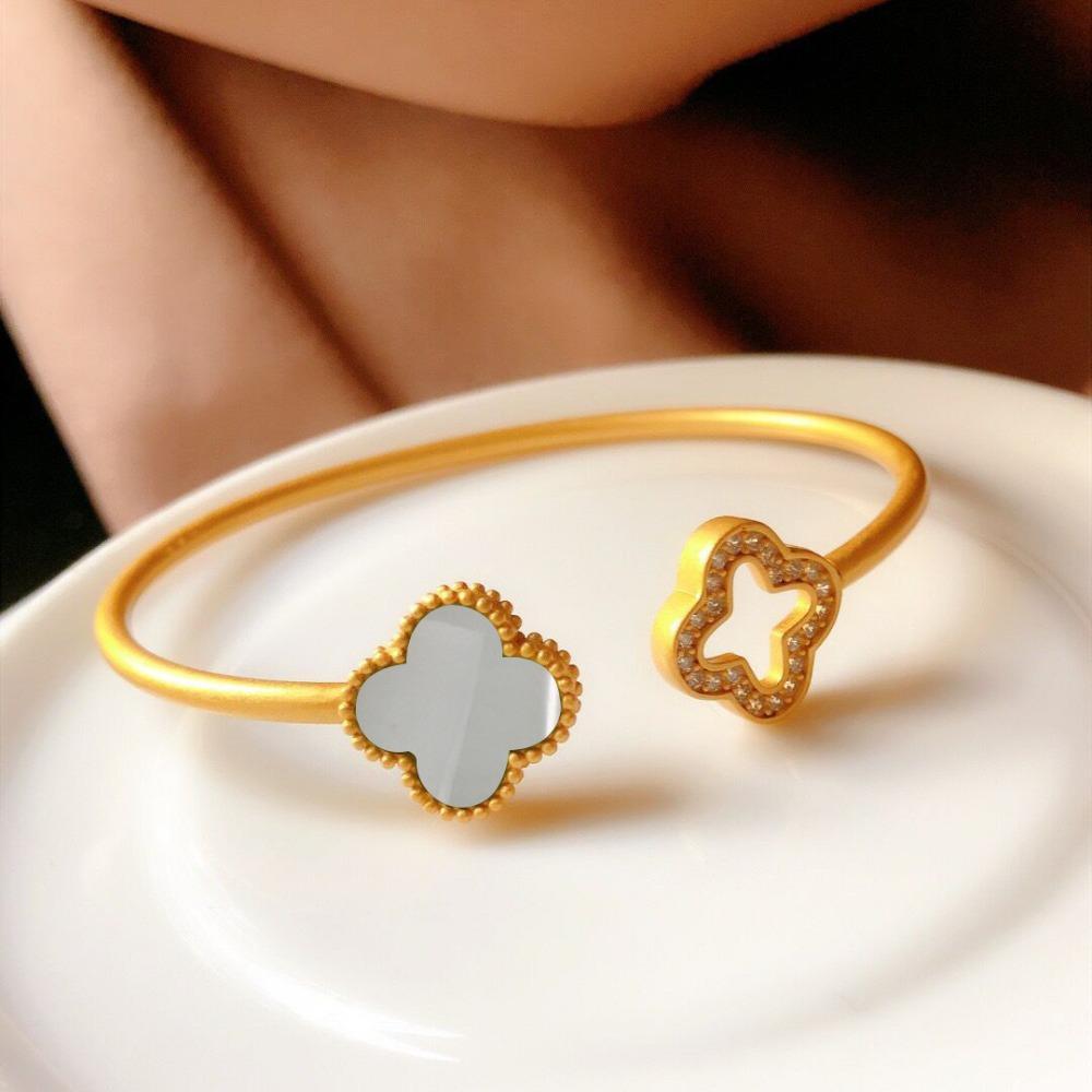 925 Silver Plated Clover Jade Bangle Ancient Method Silver Bracelet Openable Wristband Women
