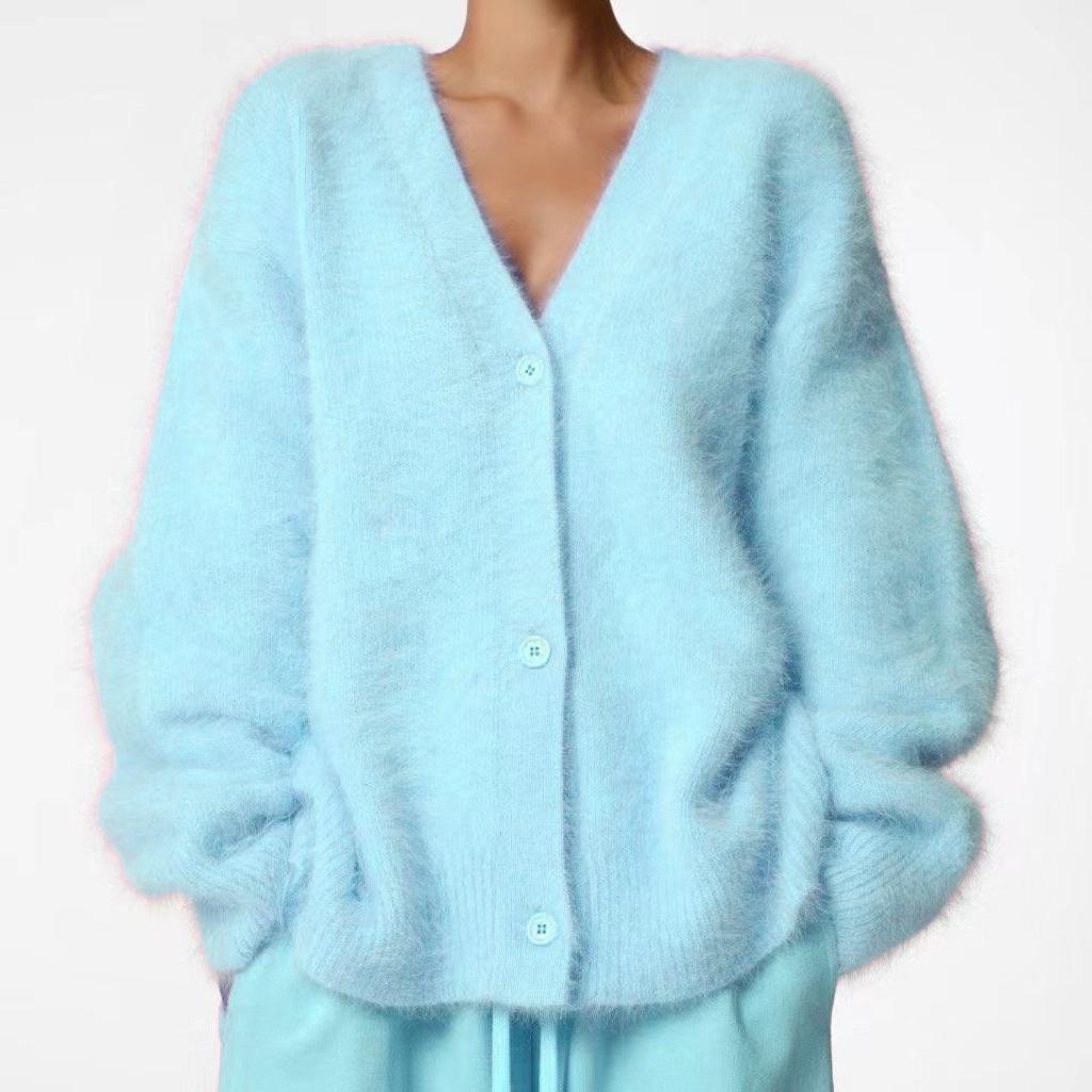 Imitation Mink Wool Knitted Sweater Cardigan Europe And The United States 2025 Autumn And Winter Lazy Loose Long-sleeved V-neck Sweater Jacket Women L 2817₽