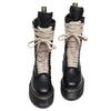 Top layer thick bottom hole locomotive boots women's side zipper lychee pattern long boots leather muffin bottom long tongue