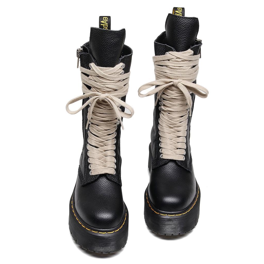 Top layer thick bottom hole locomotive boots women's side zipper lychee pattern long boots leather muffin bottom long tongue