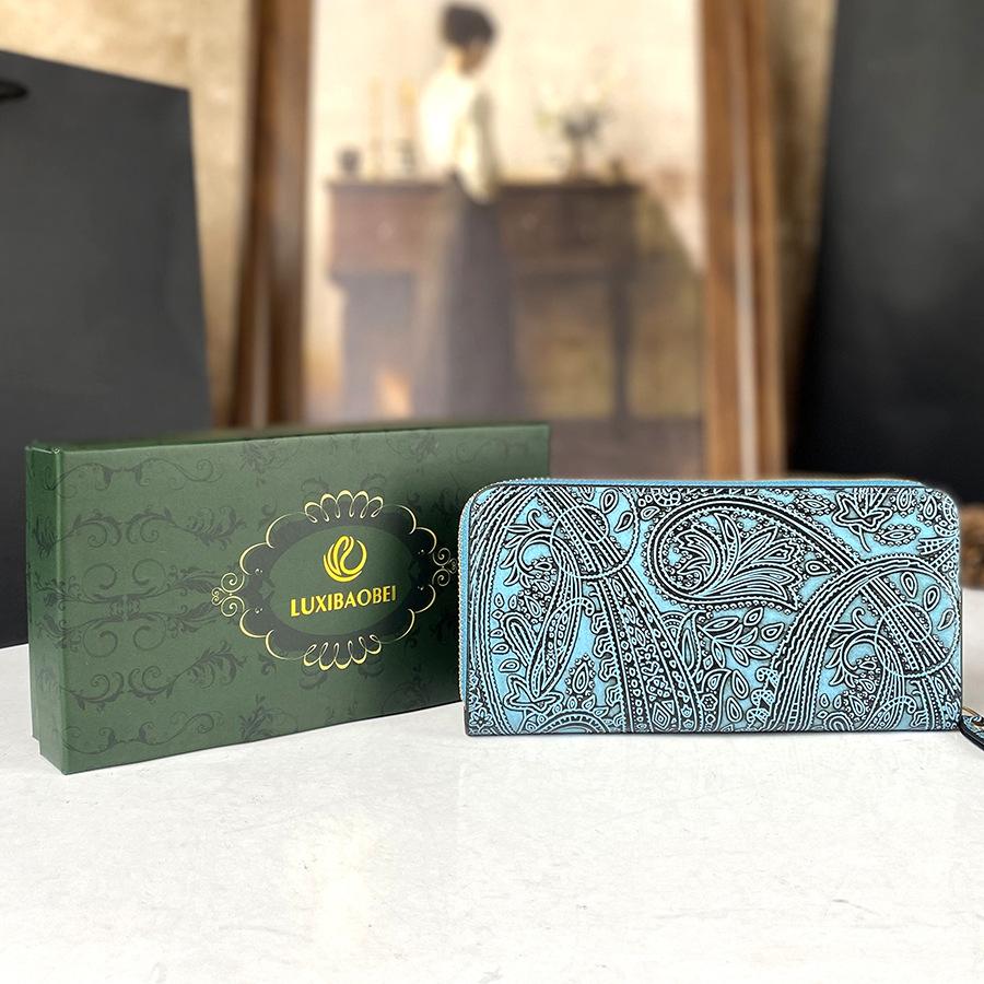 

Винтажный Кожаный Кошелек с Гравировкой Женский Длинный Кошелек с Гравировкой в Национальном Стиле Картхолдер Кожаная Сумка Женский Клатч