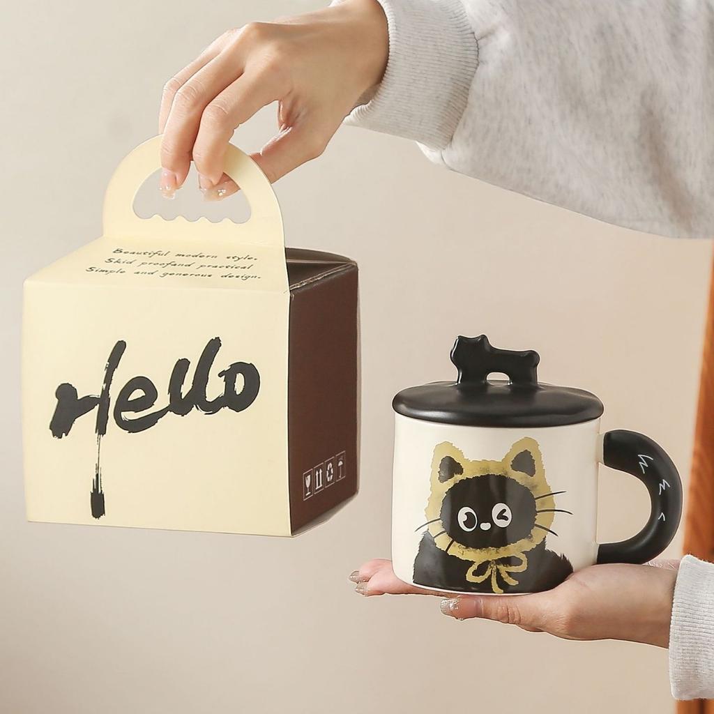 Cat Mug Retro Design Ceramic Water Cup With Lid Gift Box With Souvenir, High-End Cup Cartoon Girl