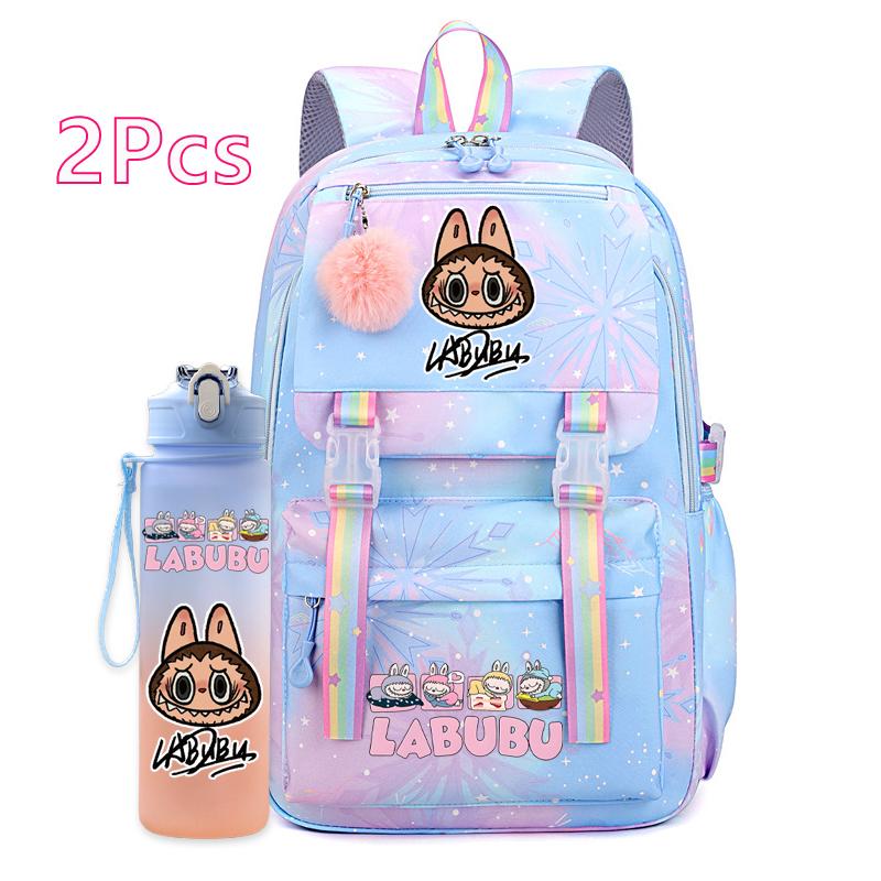 2Pcs/set Cute Printed Backpack with 750Ml Outdoor Sports Water Bottle Student Girl Boy Schoolbag Large Capacity Travel Bag Gift