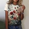 2025 New Summer Temperament Women's Floral Blue Printed Women's T-shirt Round Neck Short Sleeve Street Casual Daily Basic Tops