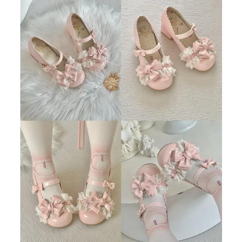 Urocze Damskie Buty Mary Jane na Średnim Obcasie Kokardka Koronka Urocze Buty Lolita Okrągły Nosek Grubszy Obcas Słodkie Szpilki Zapatos De Mujer