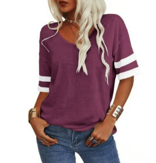 Women's V-Neck Short Sleeve Loose T-Shirt - Casual Basic Top