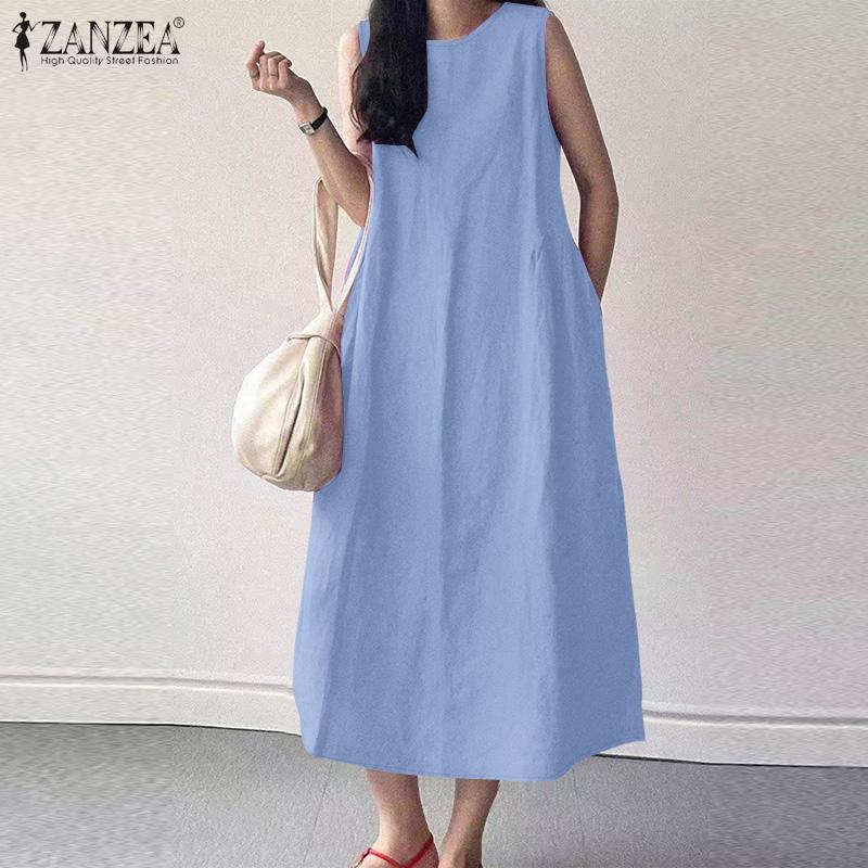 ZANZEA Women Casual Round Neck Summer Sleeveless Dress