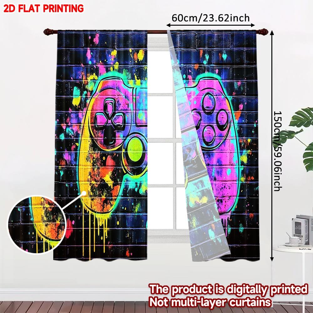 Set Of 2 Gaming Controller Curtains Print Colorful Pink Purple Gamepad Splatter Effect Black Grid Gamer Room Decor Made Polyester