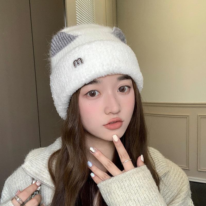 Winter Hat Women's M Standard Sweet and Cute Cat Ears Pullover Hat Versatile Velvet Knitted Hat Warm Ear Protector Cold Hat