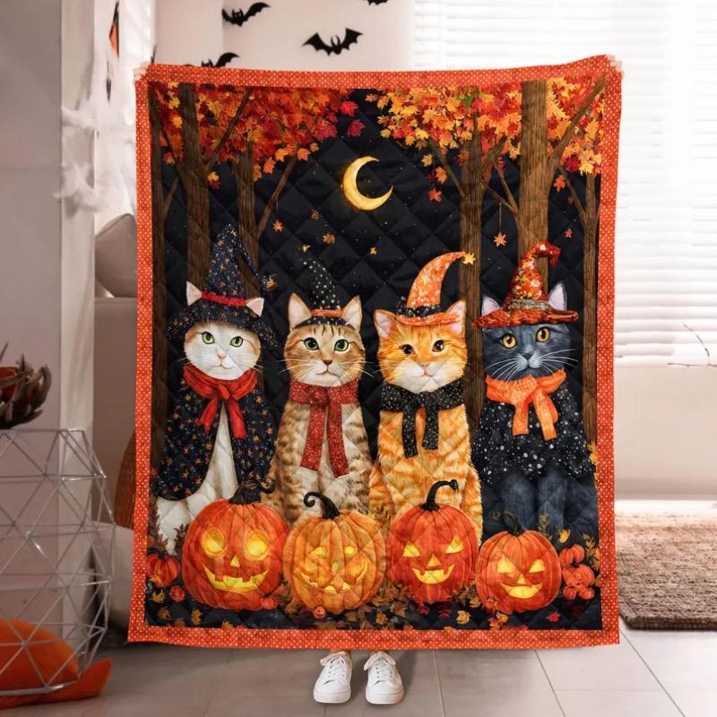 

Spooky Halloween Cats Quilt Blanket, Witch Cat Throw with Pumpkins Fall Blanket for Cat Lovers Gothic Halloween Home Decor 30x40in
