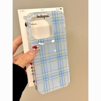 Ins Blue and Yellow Plaid iPhone16promax Mobile Phone Case for Girls, Apple 15promax White Background Imd Case