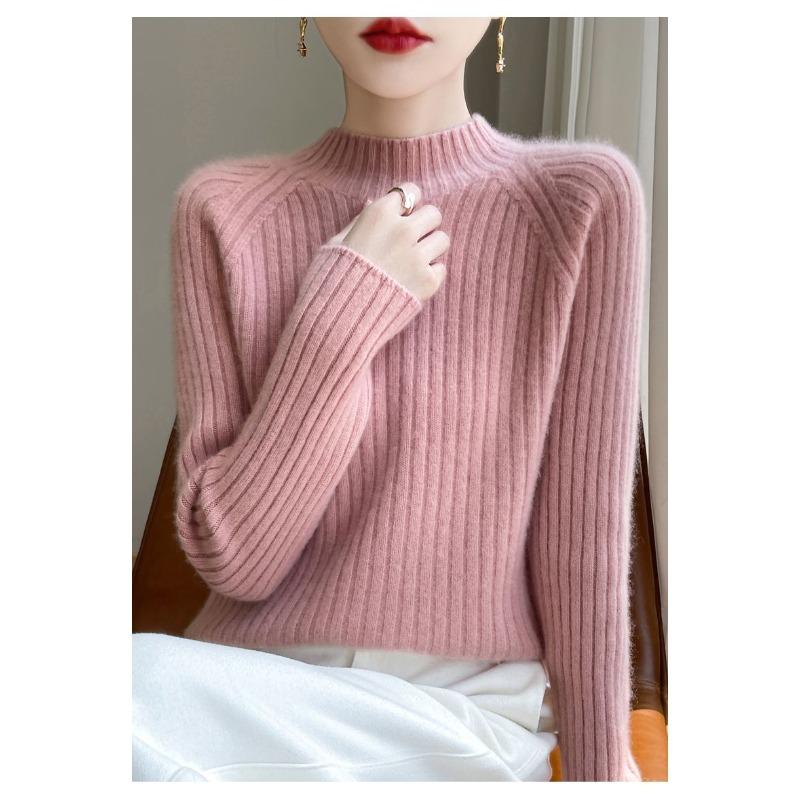 Autumn Winter Women Knitwear Slim Fit Semi High Neck Pure Color Loose Short Knitted Sweater Base Layer