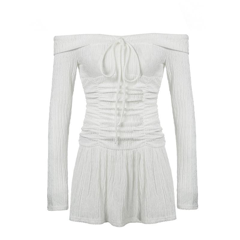 

Женское платье Pure Desire с плиссированной талией, с открытыми плечами, сексуальное, милое, пикантное, слим-фит, с длинным рукавом, с заниженной талией, короткое L белый