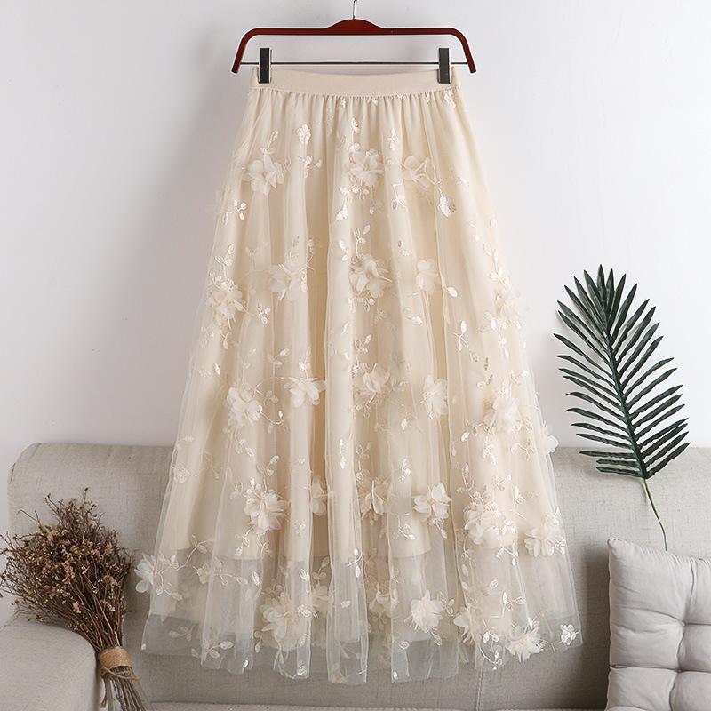 Moda Vita Elastica Applicazioni Ricamo Floreale Gonna Midi a Fiori Casual da Donna Vita Alta Estiva Coreana