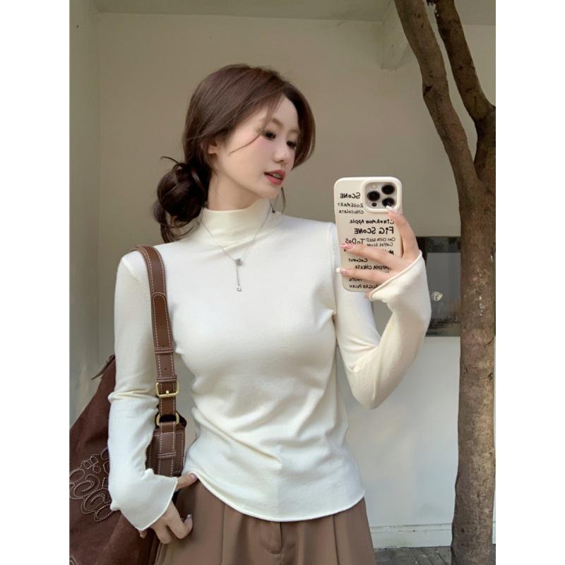 Sky blue sweet versatile bottoming shirt women's spring slim-fitting and thin semi-turtleneck long-sleeved top