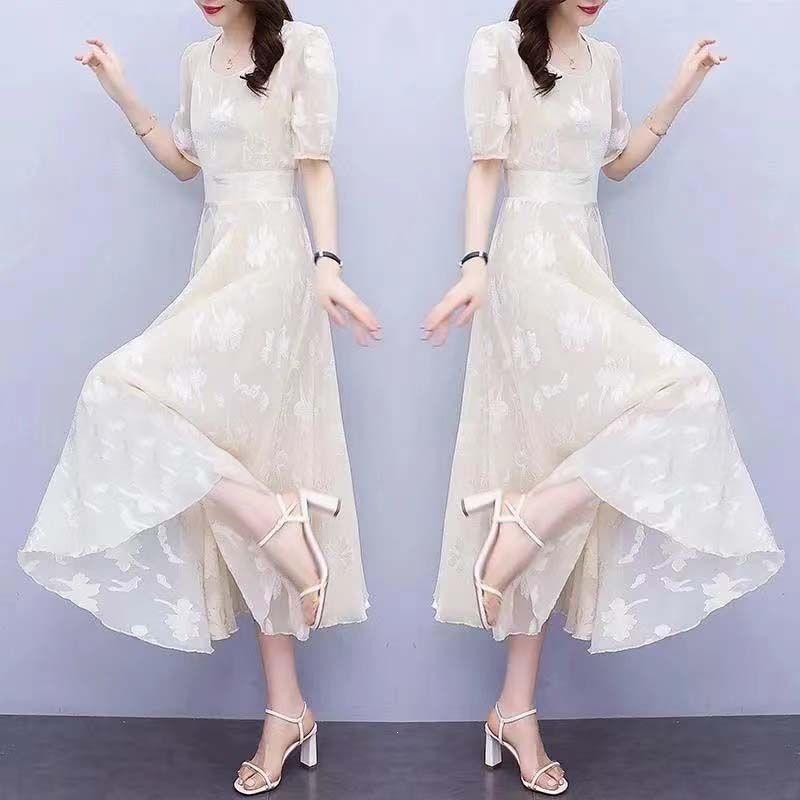 Floral Short Sleeve Dress for Women - Korean Style Waist-Cinched Slimming Skirt