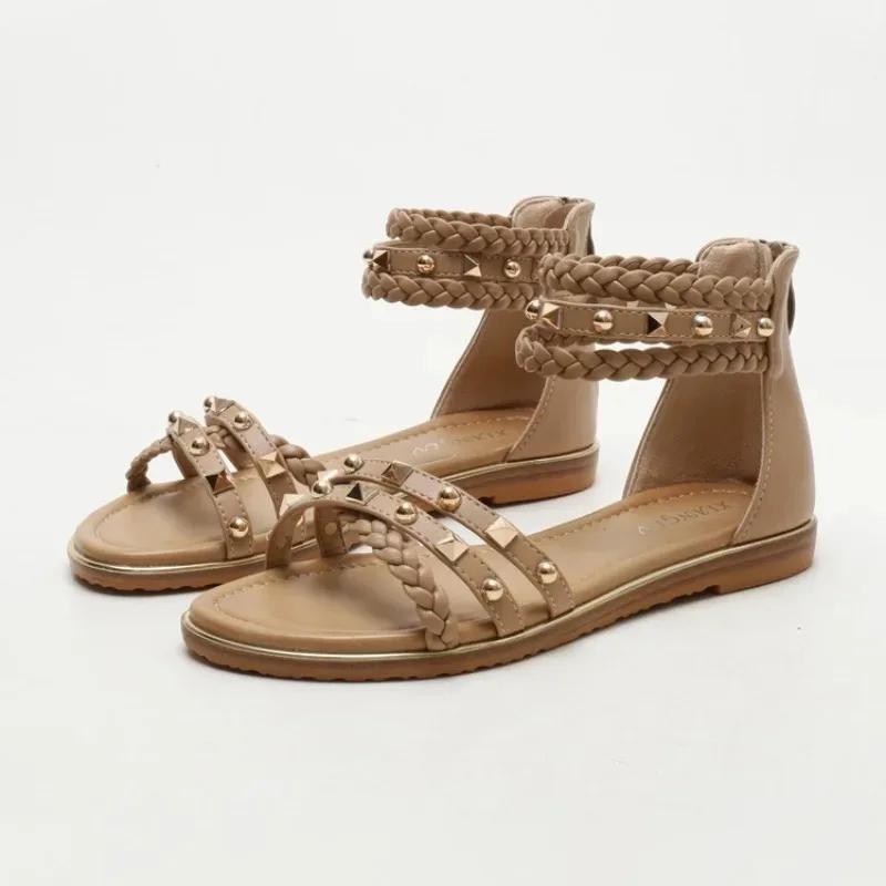 Fashion New Bohemian Style Woven Roman Sandals Women's Summer Casual Flat Bottomed Minimalist Beach Vacation Rivet Thin Band Sandals 42