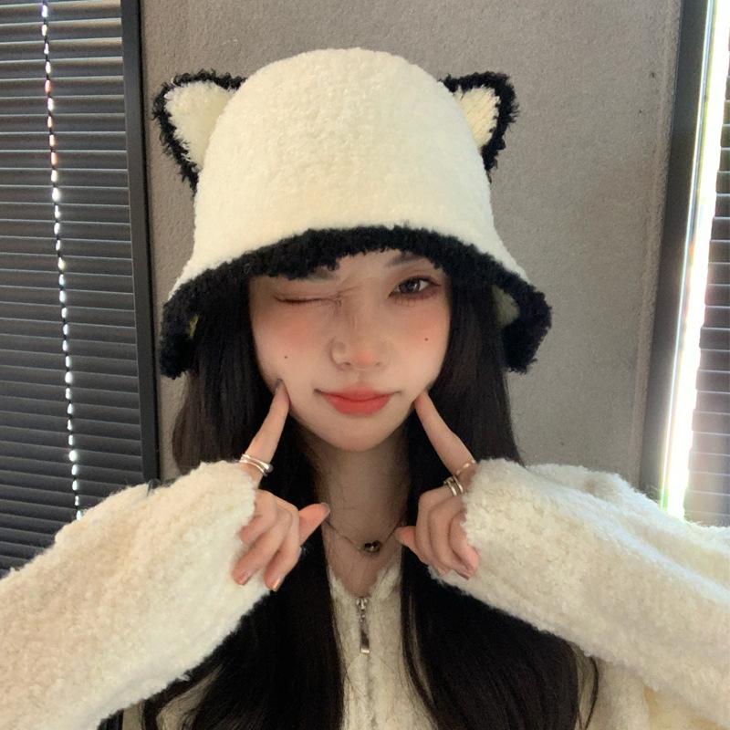Korean Version of Versatile Autumn and Winter New Hat for Women Cute Bear Imitation Lamb Velvet Fisherman Hat Winter Warm Wave Edge Basin Hat