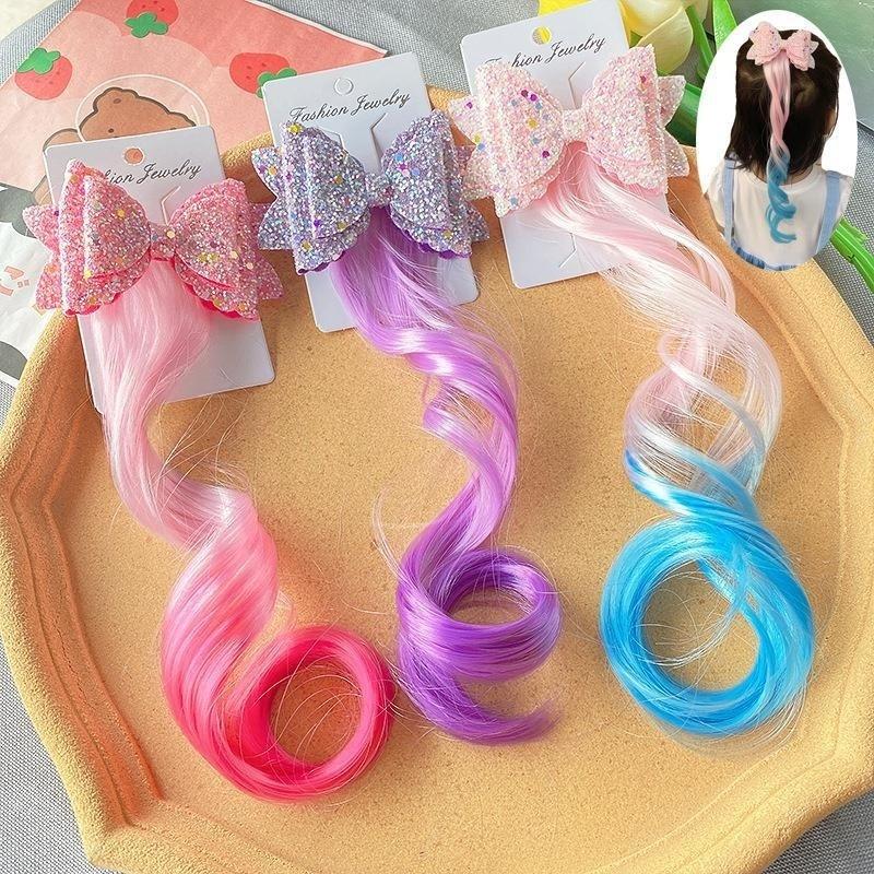 1/2pcs Cute Curly Hair Bowtie Wig Girls Hairpins Ombre Color Headwear Hair Clips For Princess Dress Up Birthday Gift Party Favor