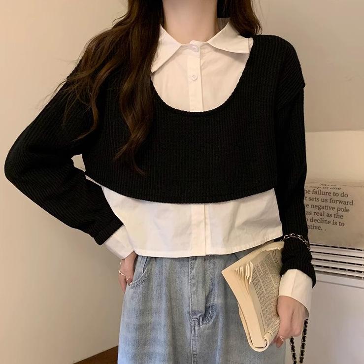 Women's French Chic Knit Sweater: Two-Piece Illusion, Shirt Collar, and Long Sleeves for Autumn/Winter