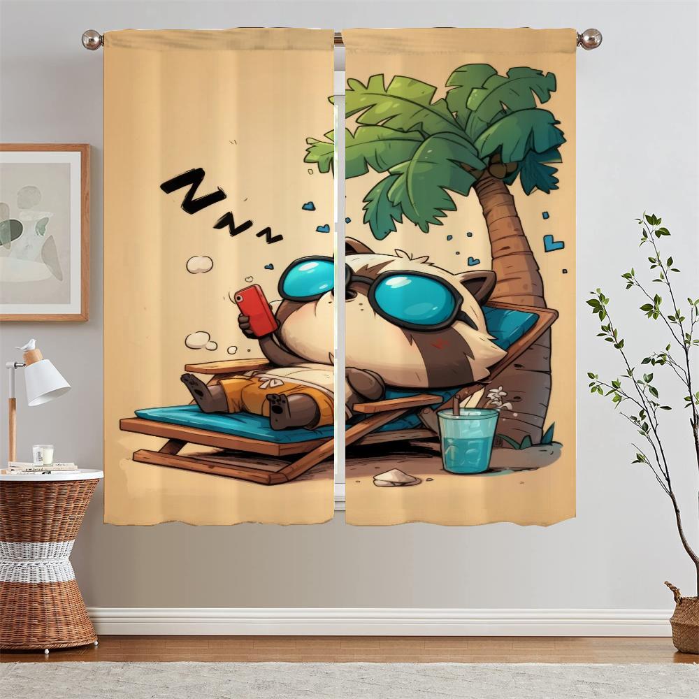 Sea Raccoon Youth Room Curtains for Living Room Fabric Curtain Tiebacks Blinds Bedroom Blackout Curtains 2 Pcs Set Curls Blind