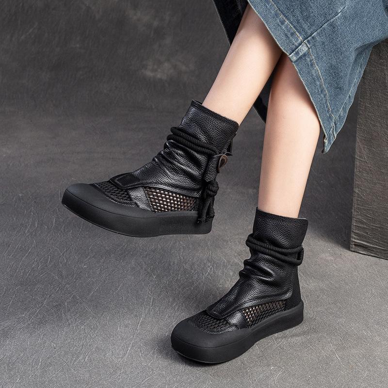 3.5CM Women Cool Boots 2025 Summer Genuine Leather Mesh Breathable Flat Ankle Boots For Women Casual Roman Shoes Retro