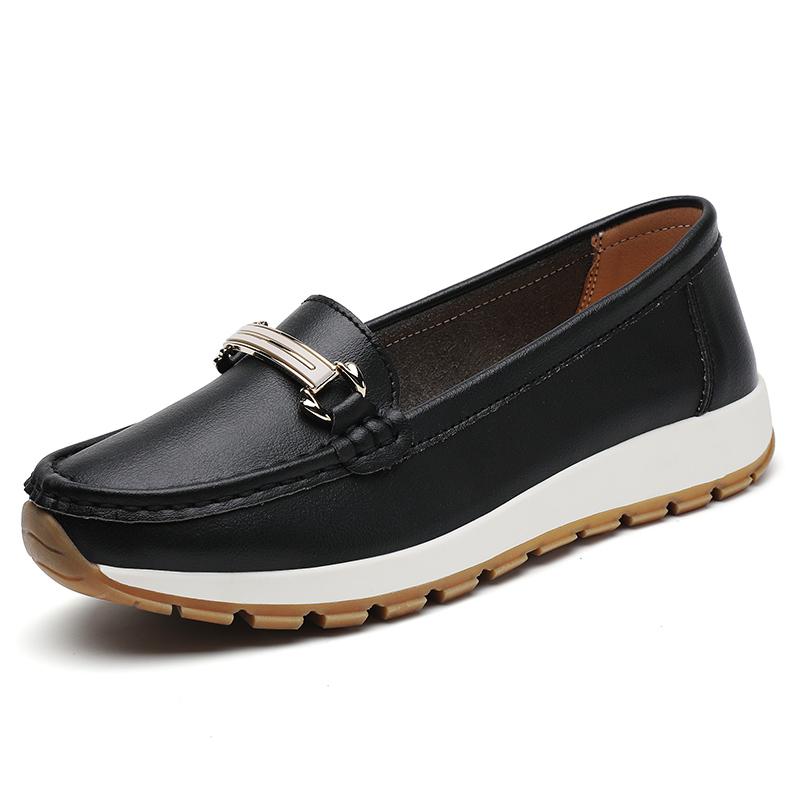 Pacecraft Shoes Women's Cowhide Loafers with Metal Buckle, Comfortable Casual Flat Shoes