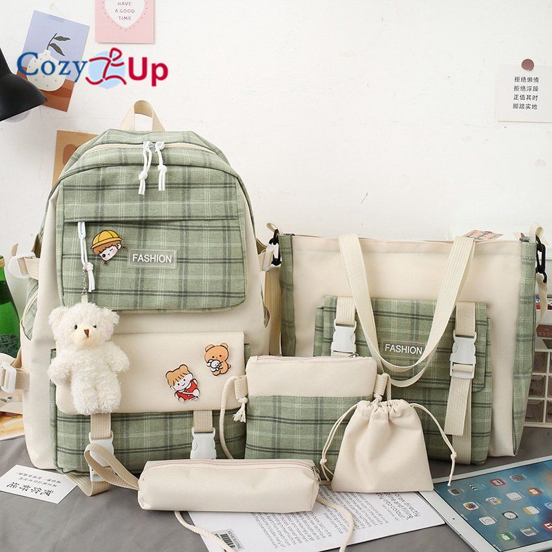 Checkered Elementary School Student Backpack Female Backpack 5-piece Set Backpack