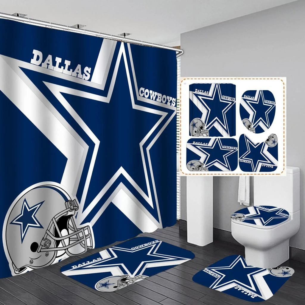 White Navy Blue American Football Shower Curtain Set,Modern Texas Star Rugby Athlete Helmet Sports Bathroom Set Non-Slip Mat Rug