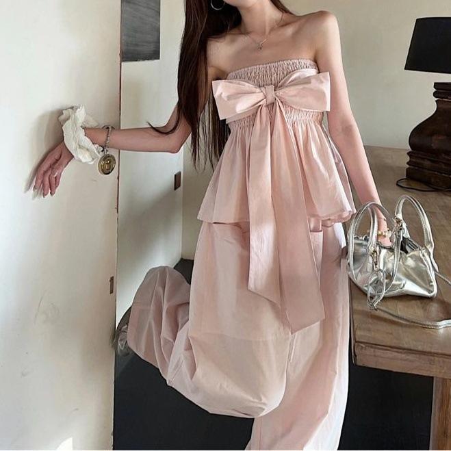 Gentle wind pink suit straps halter sleeveless tube top women s summer casual wide-leg pants vacation two-piece set S