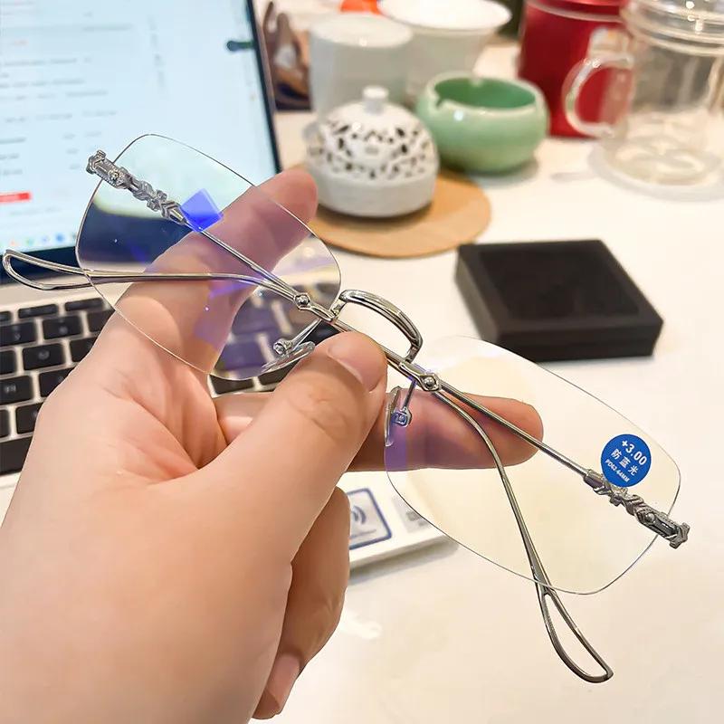 Anti Blue Light Blocking Rimless Reading Glasses Women Men Square Rimless Presbyopic Glasses Diopters +0 1.0 1.5 to 4.0 3
