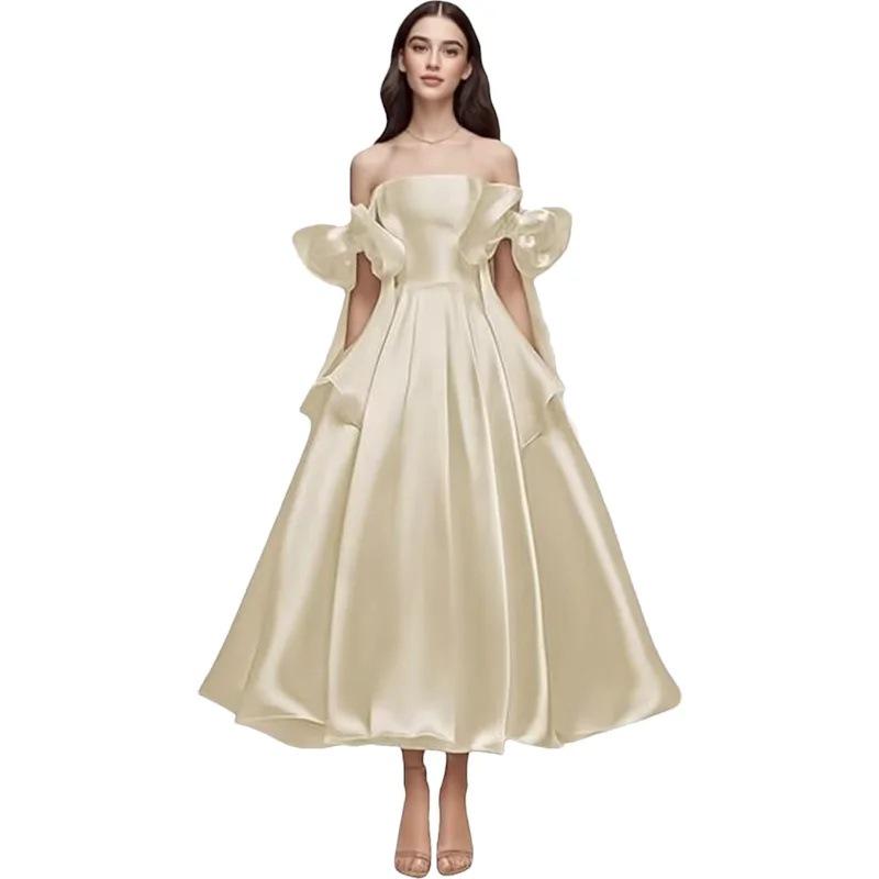 Elegant One-Shoulder Cross-Body Light Wedding Dress with Lace-Up Back and Puffy Skirt