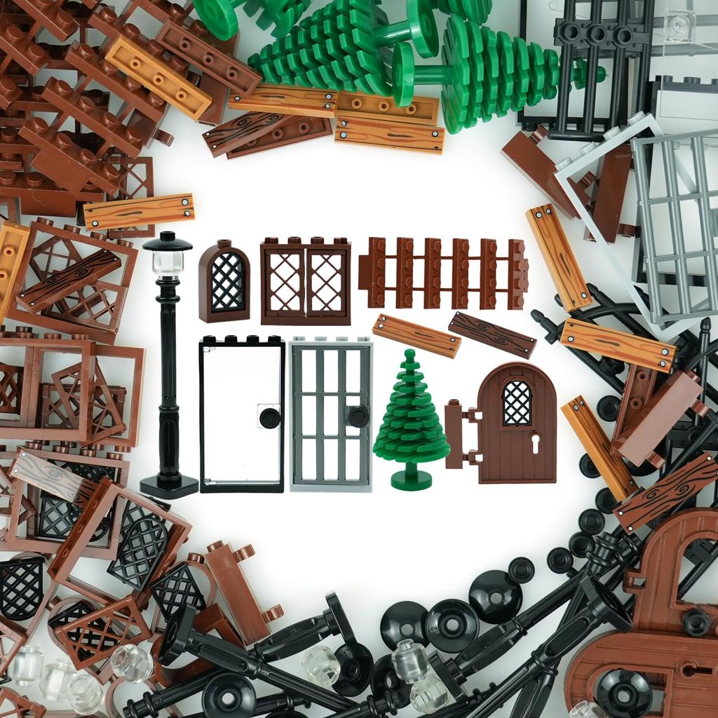 130 Windows, Doors, Streetlights, and Staircases, Building Block House Accessories, Compatible with Classic Building Blocks, for Kids Ages 6 and Up