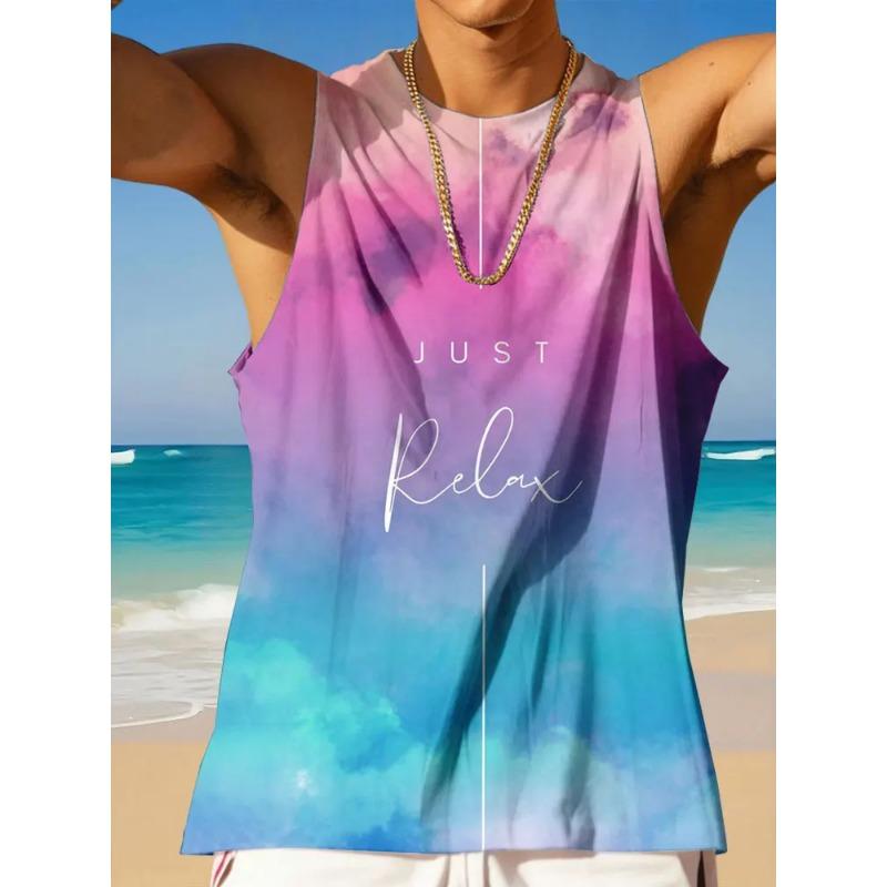 Summer Round Neck 3D Palm Leaf Printed Top Fashionable Casual Hawaiian Beach Sleeveless Vest Men's T-shirts