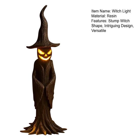 Handmade Resin Stump Witch Statue Lamp with LED Night Light Glowing Gothic Spooky Atmosphere Halloween Decor