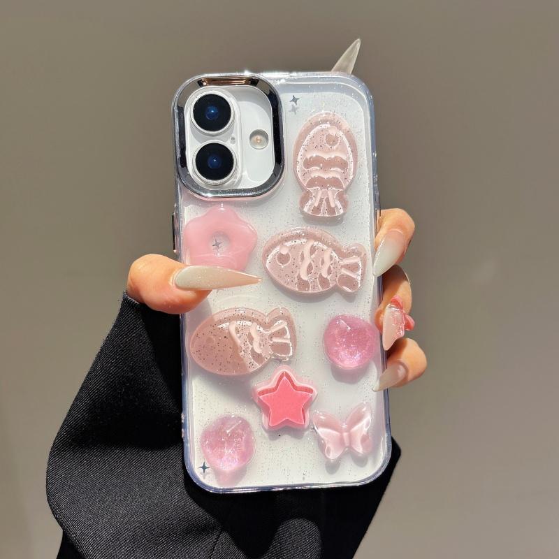 Luxurious high-end epoxy resin handcrafted 3D pink small fish phone Case, suitable for iPhone 16 Pro Max 15 14 Plus 13 12 Pro 11 shockproof Cover